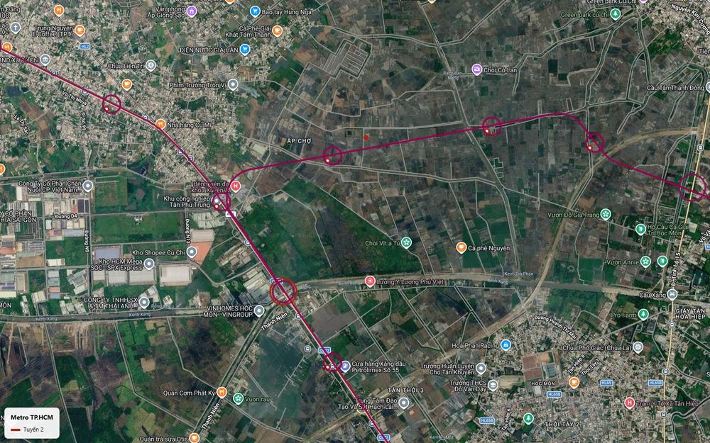 Ảnh vệ tinh tuyến metro số 2 TP.HCM tách nhánh ở Củ Chi, trục chính theo Quốc lộ 22 và nhánh đông hướng Tỉnh lộ 15