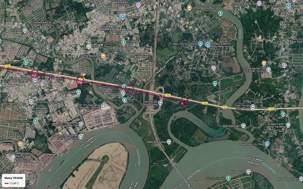 Điểm cuối phía đông tuyến metro số 2 TP.HCM tại Long Phước Thủ Đức gần trạm thu phí Long Trường, Vành đai 3 và sông Tắc