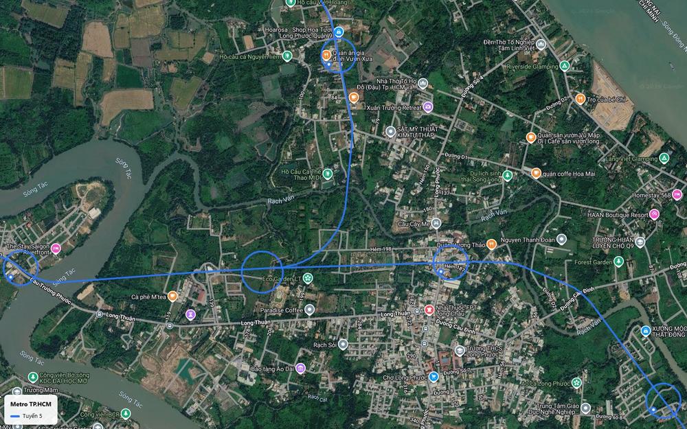 Bản đồ tuyến metro số 5 khép vòng tại Long Phước và hướng về cầu Trường Phước, TP Thủ Đức