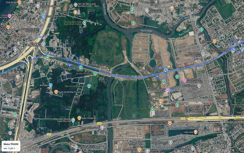 Bản đồ tuyến metro số 5 đi giữa The Global City và khu quy hoạch sân vận động quốc gia Rạch Chiếc