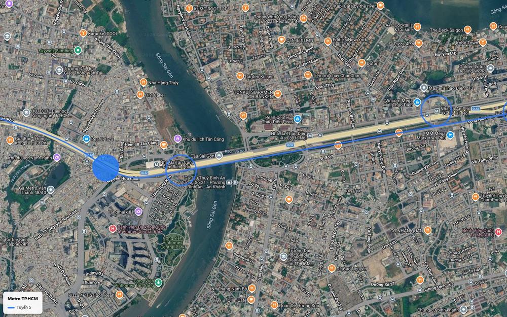 Tuyến metro số 5 vượt sông Sài Gòn theo hành lang cầu Sài Gòn, gần ga Tân Cảng và Landmark 81