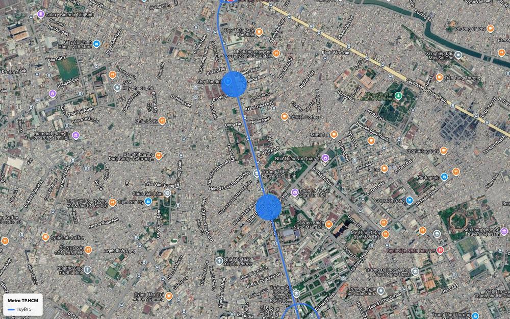 Bản đồ tuyến metro số 5 với hai vùng ga ngầm trên trục Lý Thường Kiệt, khu chợ Tân Bình và Bắc Hải