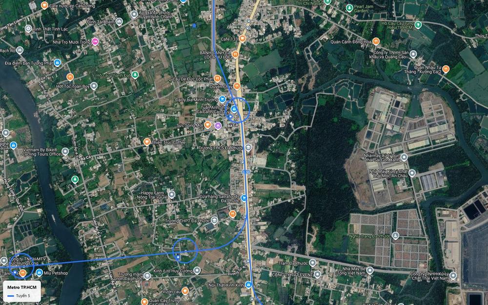 Bản đồ tuyến metro số 5 tại xã Đa Phước, Bình Chánh với nhánh rẽ Tây về hướng Hưng Long
