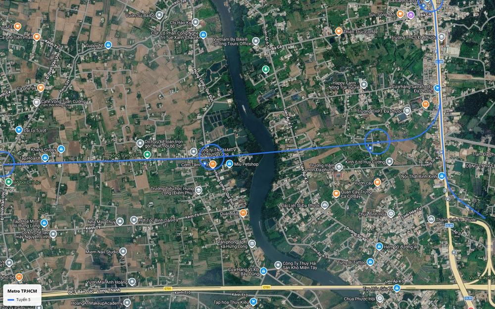 Nhánh tuyến metro số 5 vượt sông ven trục Hưng Long, Qui Đức, phía trên cao tốc Bến Lức Long Thành
