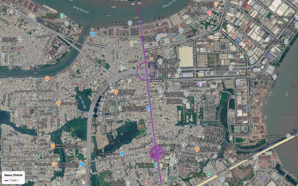 Bản đồ tuyến metro số 7 qua Khu chế xuất Tân Thuận Quận 7 với ga tại nút đường số 7 và trục Huỳnh Tấn Phát