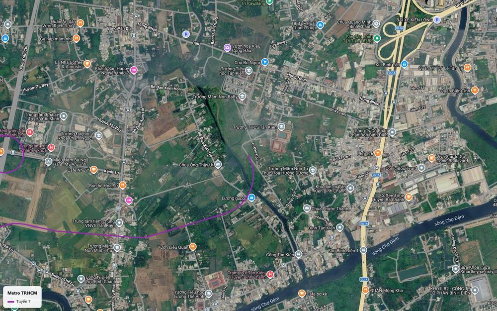 Điểm cuối tuyến metro số 7 tại xã Tân Kiên huyện Bình Chánh gần Quốc lộ 1A và sông Chợ Đệm